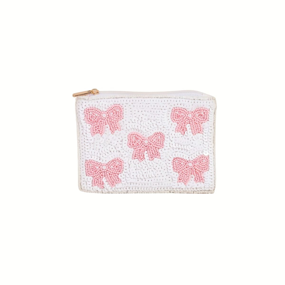 The Wona Trading Seed Bead Accented Mini Pouch Bag Assorted features a white rectangular design with five pink beaded bows—a delightful coin pouch and gift for any occasion.