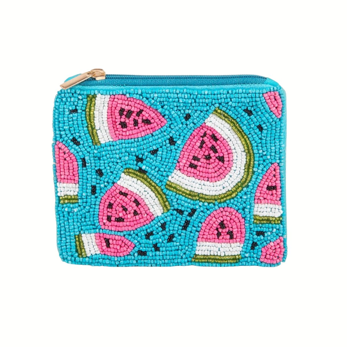 The Seed Bead Accented Mini Pouch Bag Assorted by Wona Trading features pink and green watermelon slice designs on a blue background, making it a charming gift or stylish coin pouch.