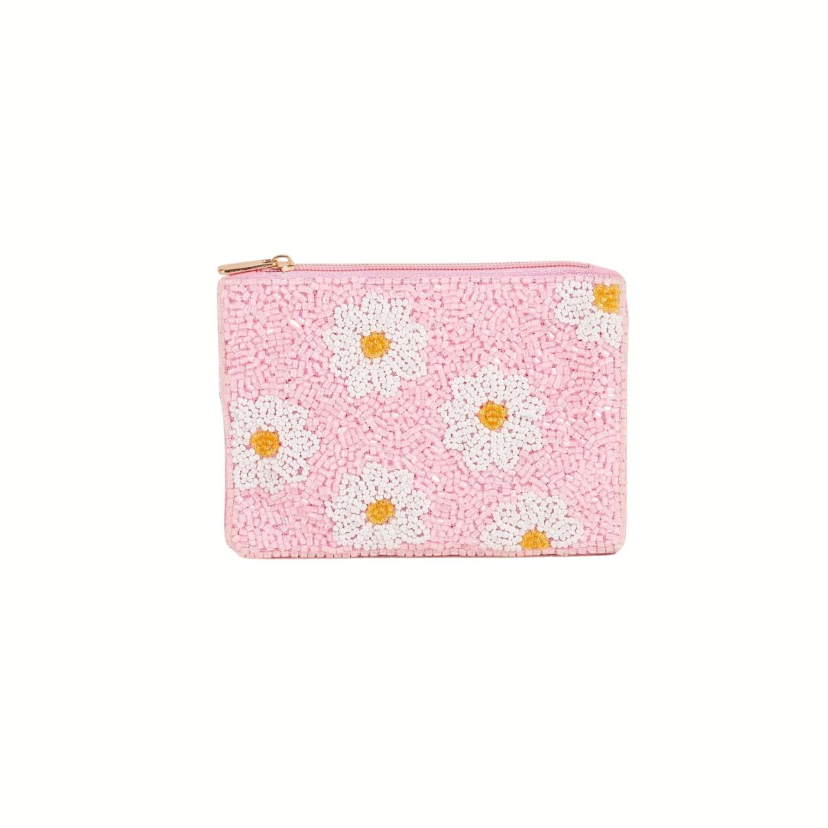The Wona Trading Seed Bead Accented Mini Pouch Bag Assorted is a small pink pouch adorned with white and yellow daisy beads—a charming coin holder and perfect gift.