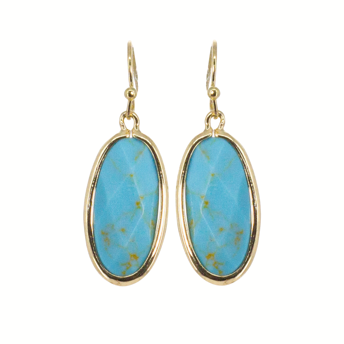 FASHION GO Semi Precious Stone Earrings feature oval-shaped turquoise stones set in gold-tone metal with hook clasps.
