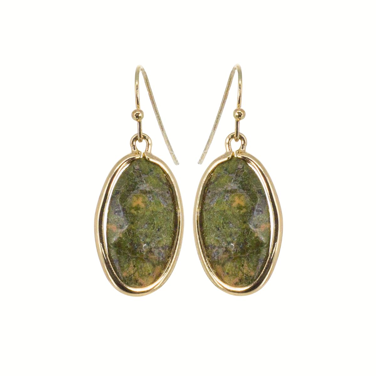 FASHION GO's Semi Precious Stone Earrings feature gold-framed ovals with green, naturally mottled centers, displayed against a white background.
