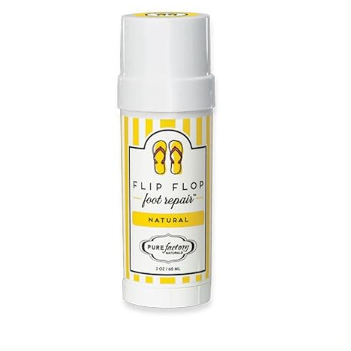 A 1.75 oz stick of Flip Flop Essential Oils Foot Repair by PUREfactory Naturals, labeled "Natural," features a yellow and white striped design with flip flop icons, making it an ideal moisturizer for rejuvenating tired feet.