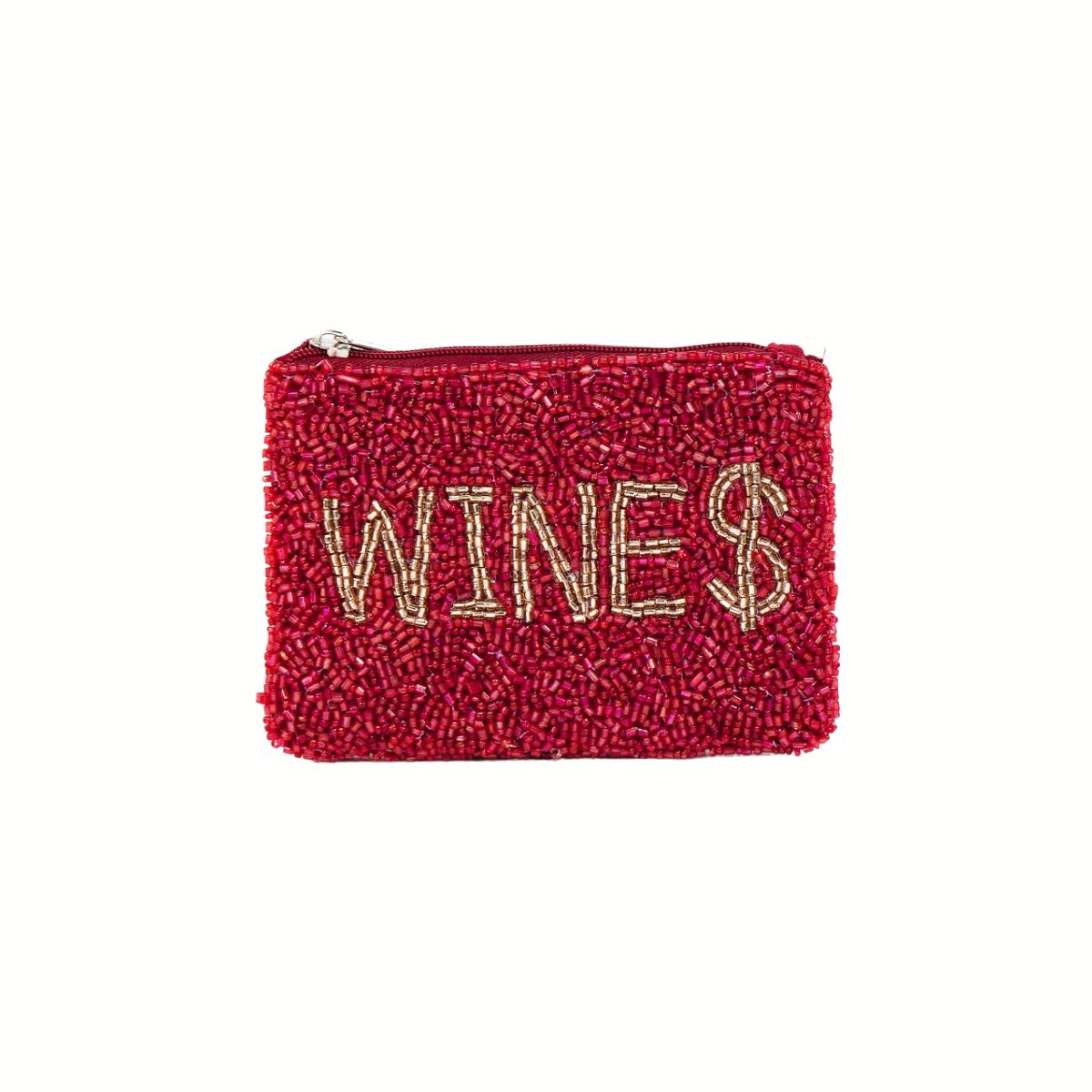 The Seed Bead Accented Mini Pouch Bag by Wona Trading is a rectangular red clutch featuring "WINES" in gold beads with the "S" as a dollar sign, perfect as a gift or stylish accessory.