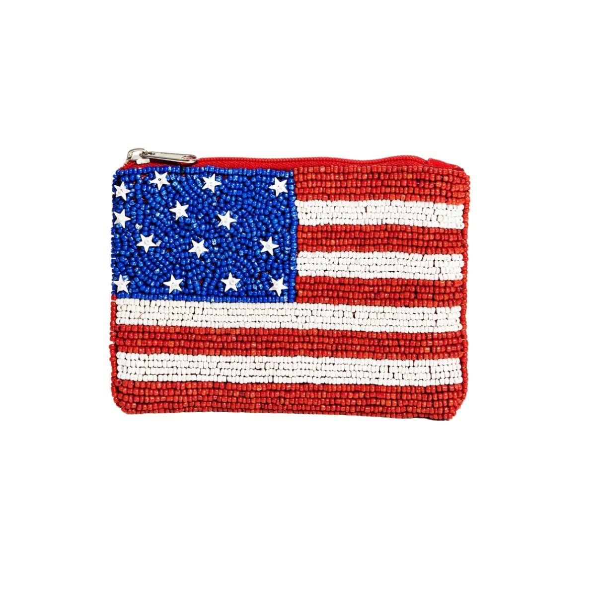 The Seed Bead Accented Mini Pouch Bag Assorted by Wona Trading features American flag designs with red and white stripes, a blue field, and white stars—an ideal patriotic gift for your accessory collection.