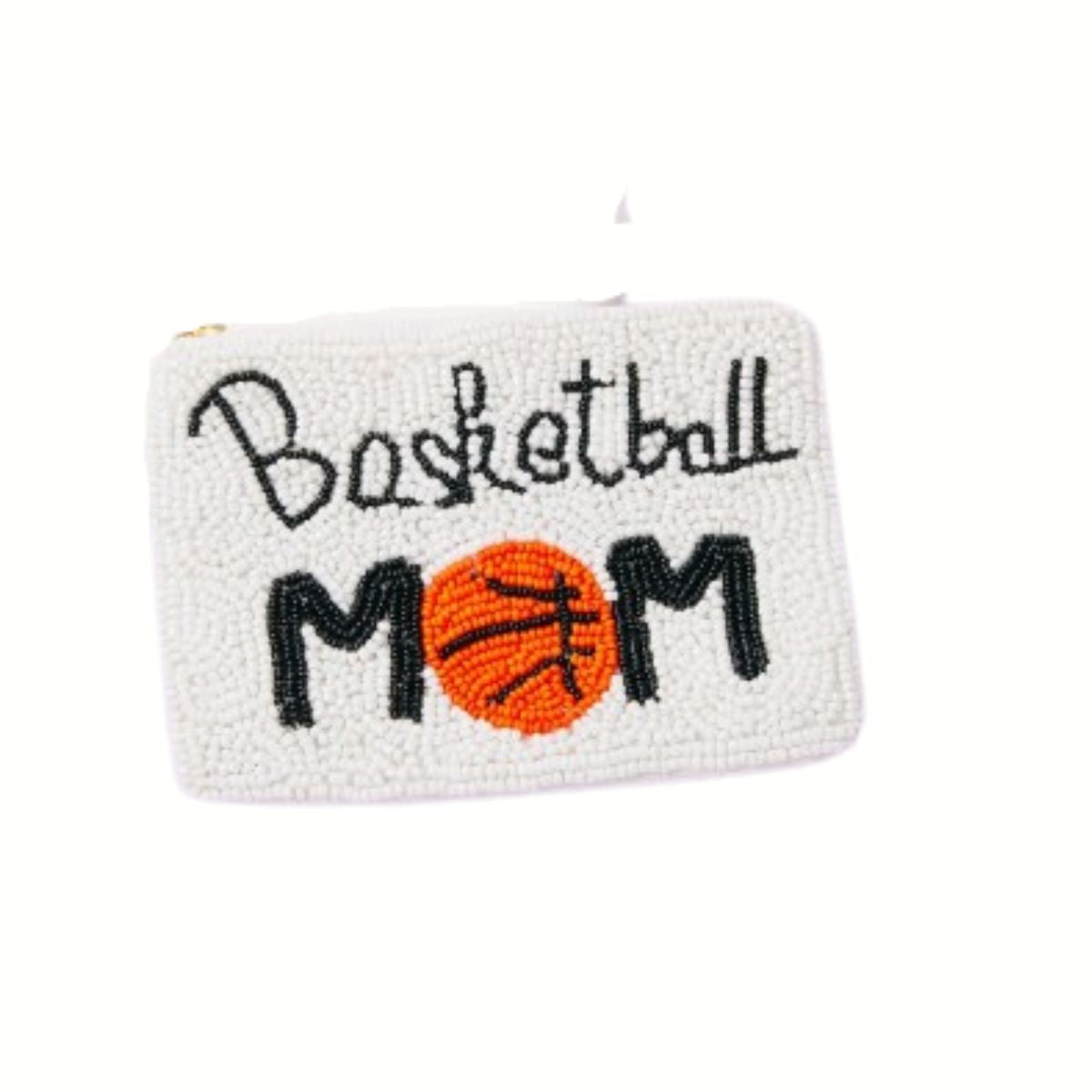 The Wona Trading Seed Bead Accented Mini Pouch Bag features white beads with "Basketball Mom" and an orange basketball as the "O"—a stylish accessory and perfect gift for any collection.