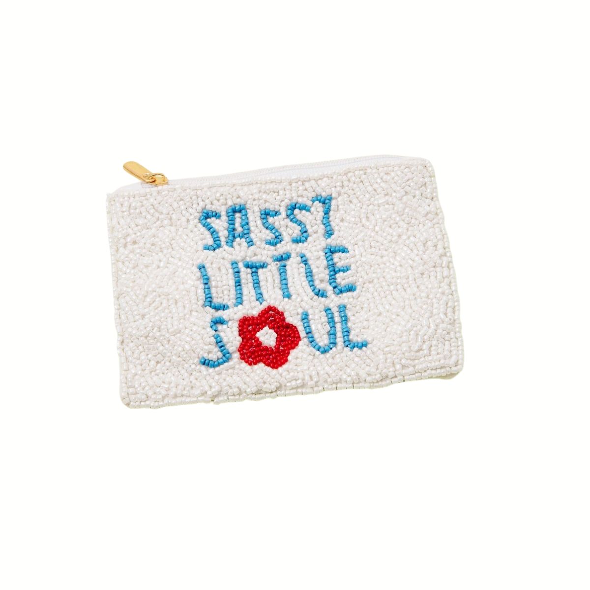 The Wona Trading Seed Bead Accented Mini Pouch Bag features white beads, blue “Sassy Little Soul” text, and a red flower—perfect as a unique gift or a playful addition to your accessories collection.