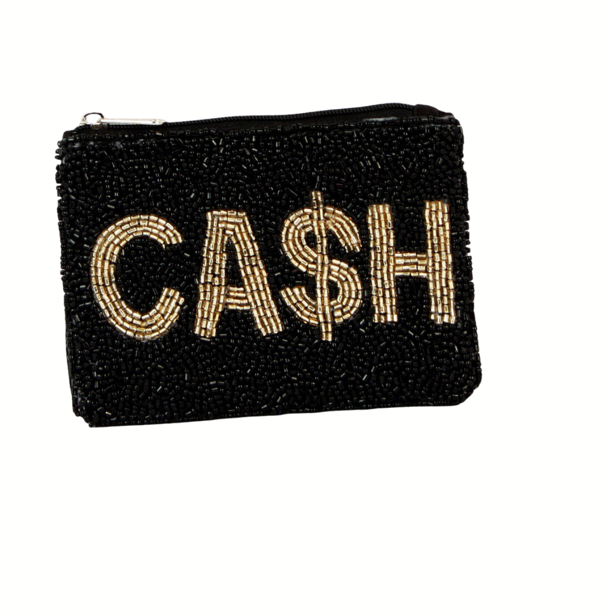 The Wona Trading Seed Bead Accented Mini Pouch Bag Assorted features stylish black beads with gold "CA$H" seed beadwork—an ideal gift for fashionistas or a chic coin pouch for yourself.
