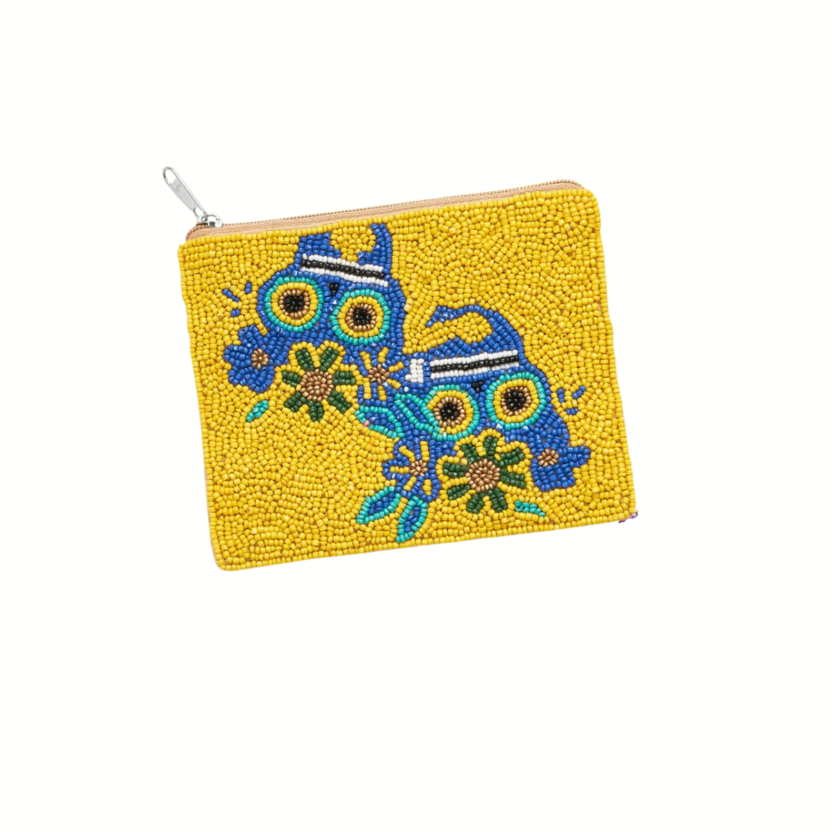 The Wona Trading Seed Bead Accented Mini Pouch Bag Assorted features yellow beads, two blue and black owls, and green flowers—a charming gift for fashionistas, shown against a white background.