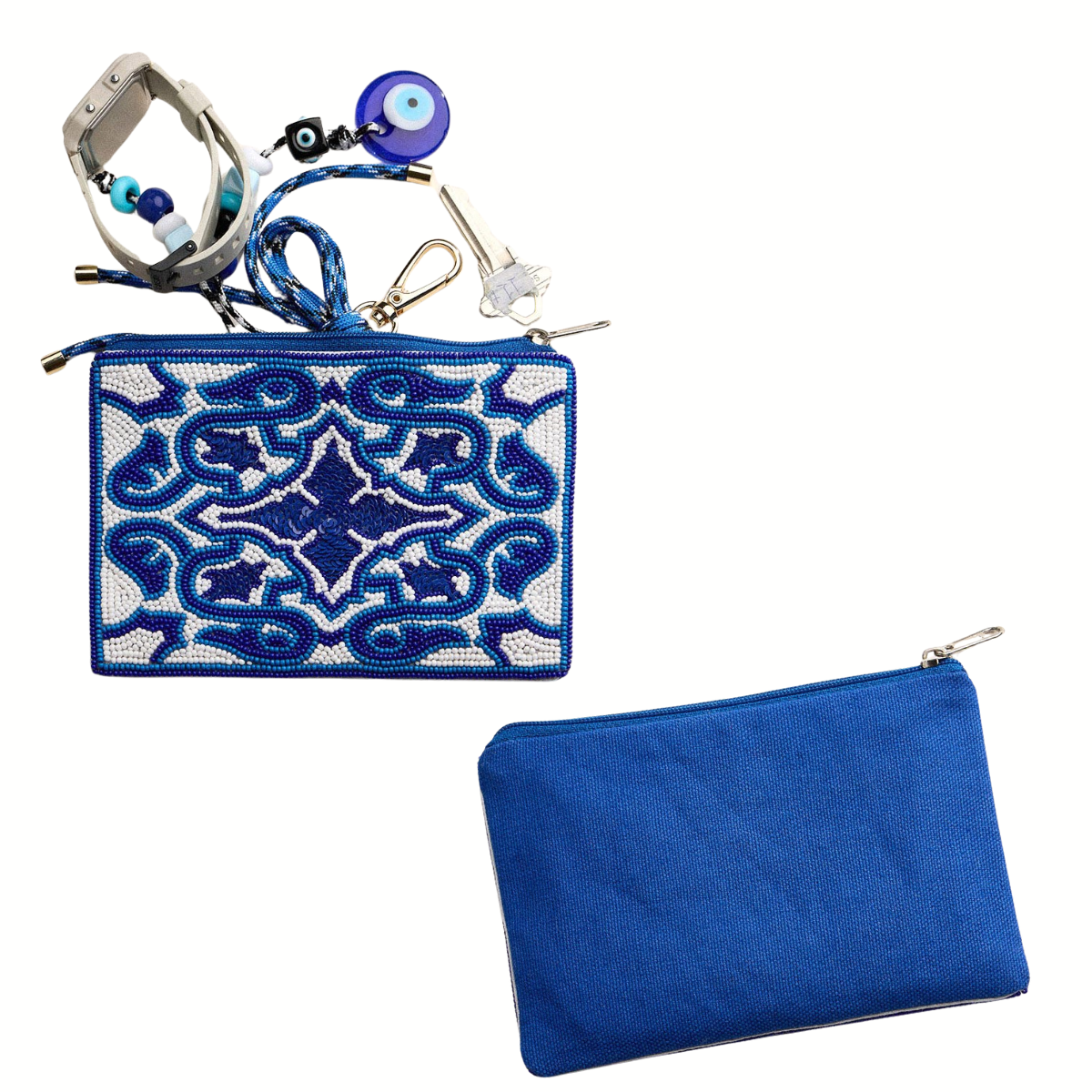 Two zippered pouches from Wona Trading's Seed Bead Accented Mini Pouch Bag Assorted are shown: one features a blue and white geometric pattern with attached keys and a beaded keychain, making it a chic accessory and great gift for fashionistas.