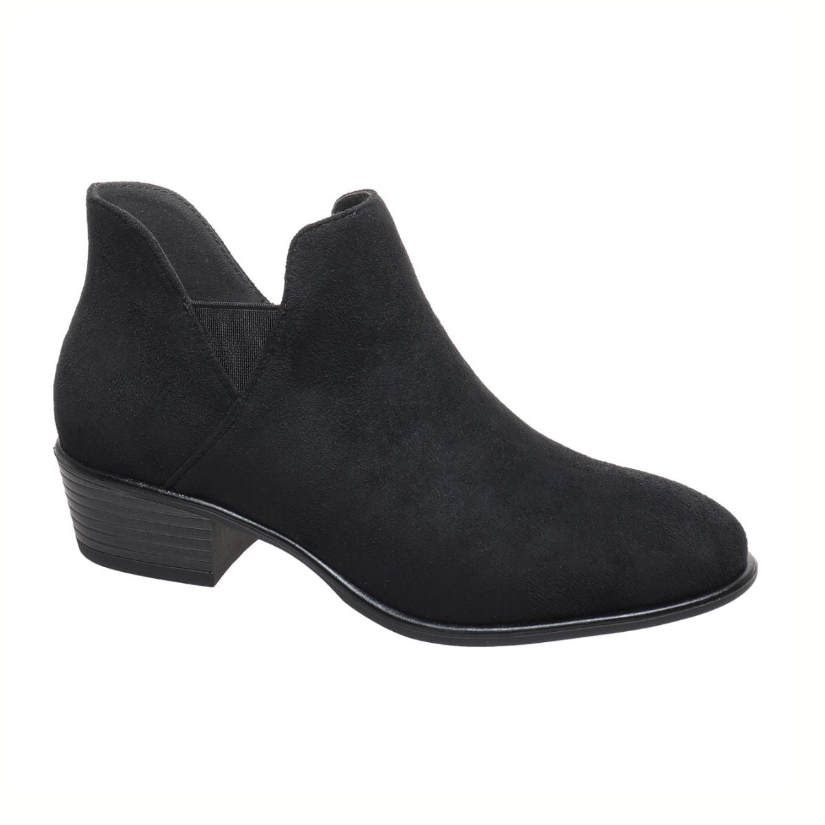 The Talita-3 Ankle Bootie by OLEM SHOE CORP is a black faux suede bootie with a low block heel and side cutout, shown on a white background.