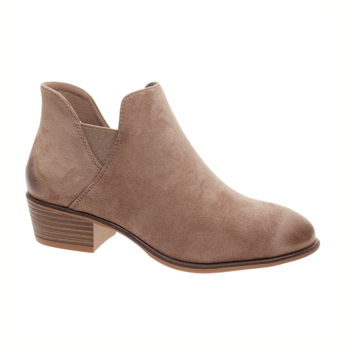 The Talita-3 Ankle Bootie by OLEM SHOE CORP features a tan faux suede design with a low stacked heel, almond toe, side cutout, and elastic gore panel.