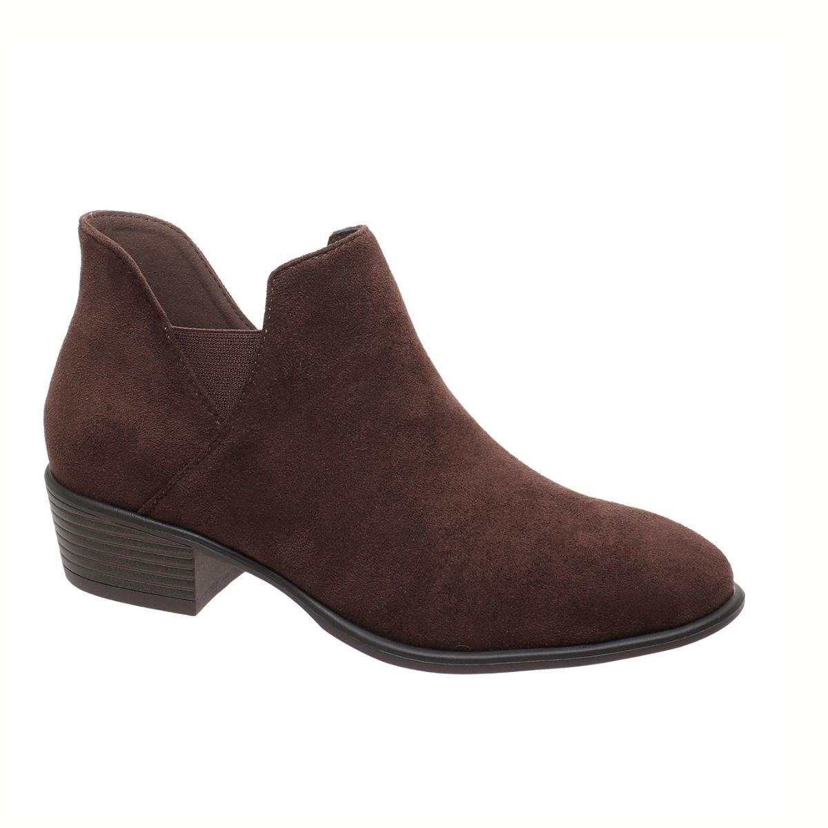 The Talita-3 Ankle Bootie by OLEM SHOE CORP features brown faux suede, a low block heel, and a side elastic panel, shown on a white background.