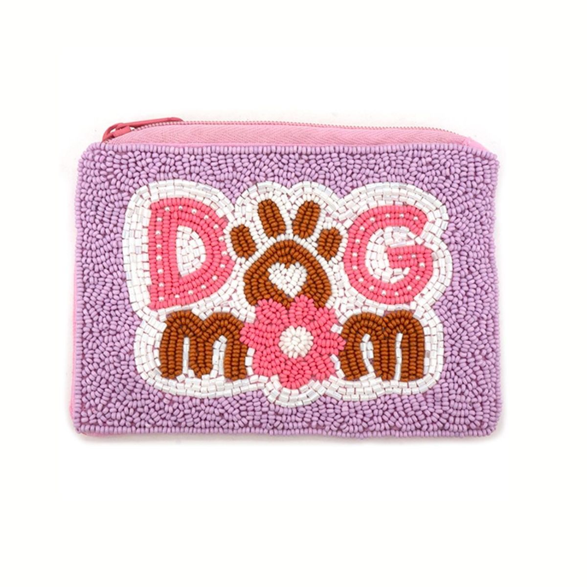 The Seed Bead Accented Mini Pouch Bag Assorted by Wona Trading is a stylish pink and purple zip pouch with "DOG MOM" and a paw print in beads—ideal for coins or as a trendy gift for fashion lovers.