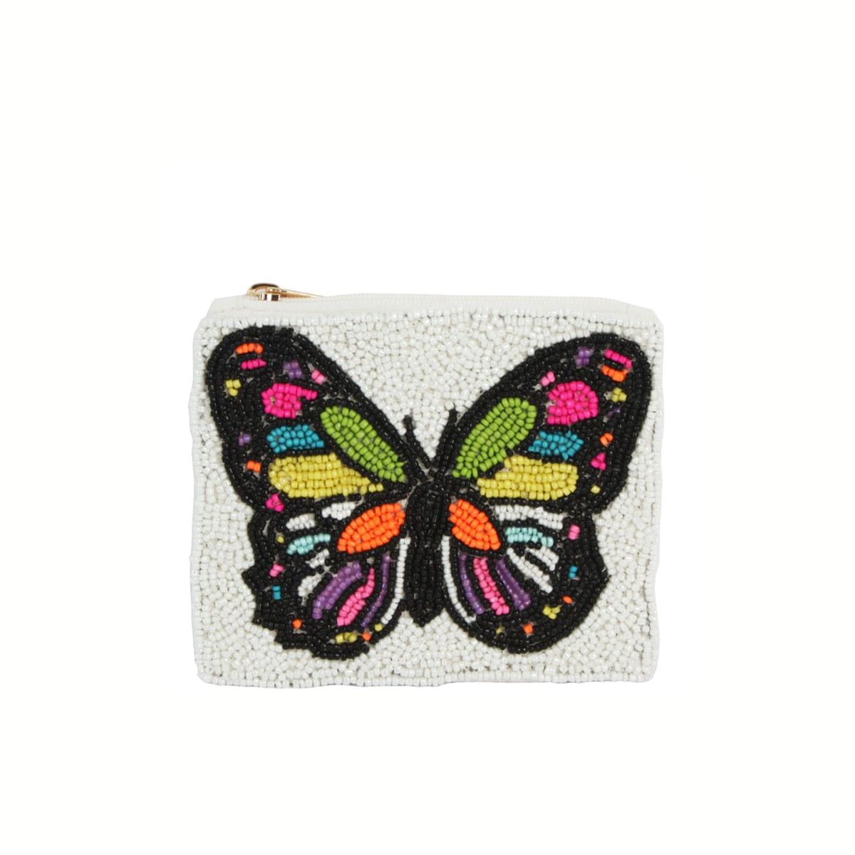 The Wona Trading Seed Bead Accented Mini Pouch Bag Assorted features stylish white beads and a vibrant butterfly, making it a chic coin pouch or thoughtful gift for fashionistas.