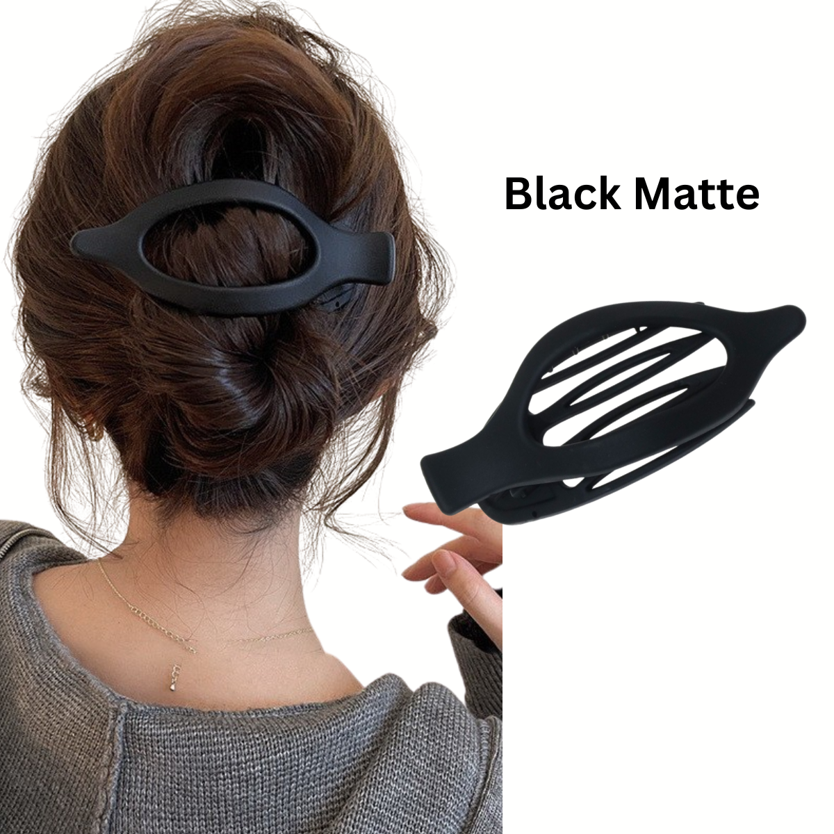 A person with brown hair in a bun, secured by a FASHION GO Oval Lay Down Flat Claw Hair Clip in an assorted color; a close-up on the right highlights its strong hold keeping the hair neatly in place.
