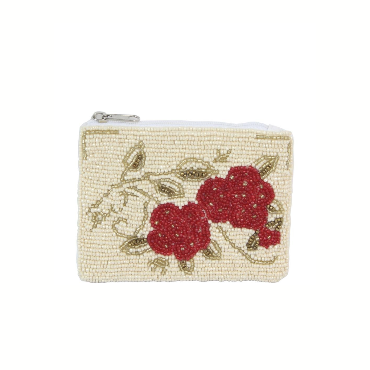 The Wona Trading Seed Bead Accented Mini Pouch Bag Assorted is a small white rectangular pouch with a zipper and beaded red flowers with green leaves—ideal as a chic coin purse or a stylish gift for fashion lovers.