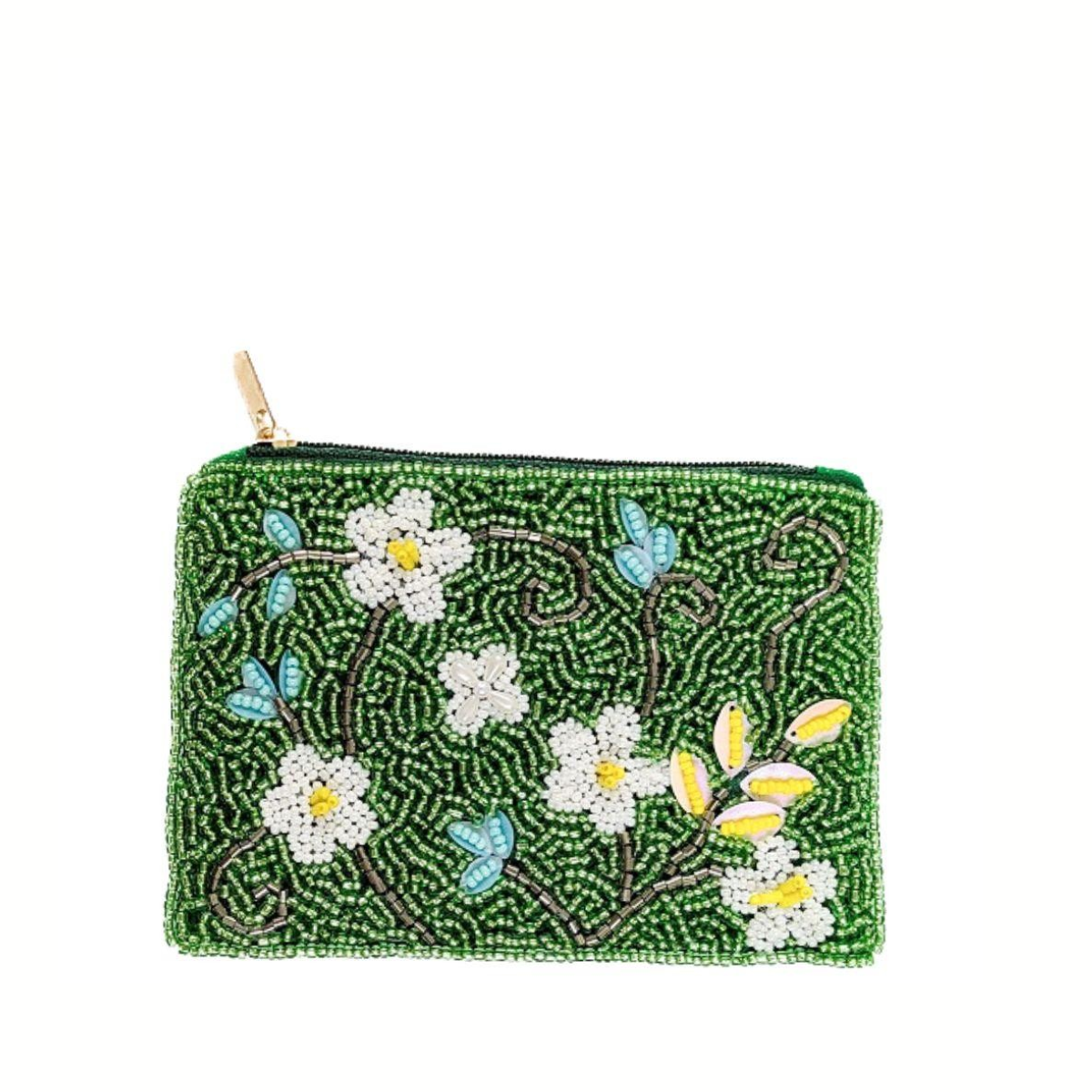 The Wona Trading Seed Bead Accented Mini Pouch Bag Assorted is a small green zip pouch with white floral beads, blue butterflies, and yellow leaves—a charming coin pouch and perfect gift for fashion lovers.