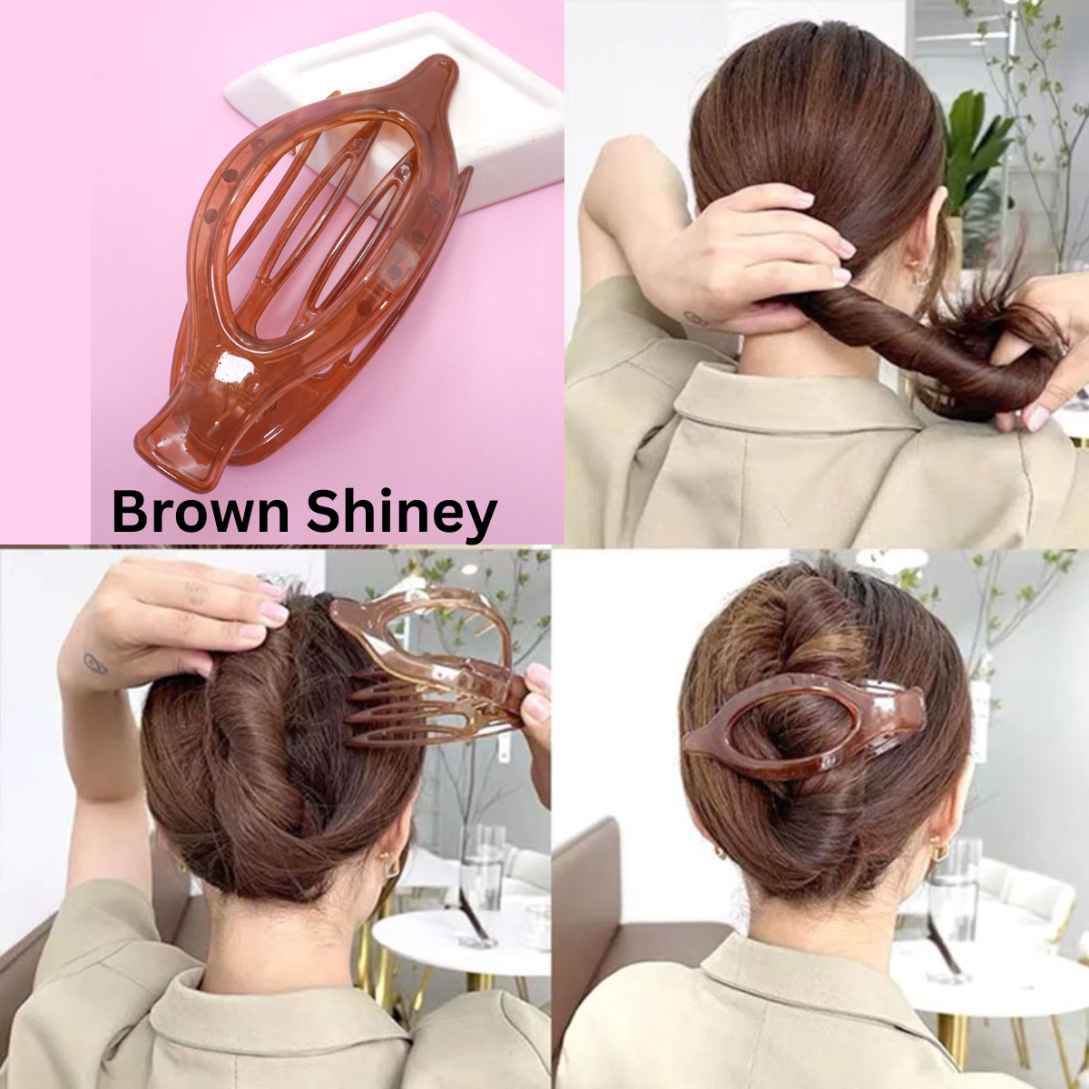 A person secures a twisted updo with the FASHION GO Oval Lay Down Flat Claw Hair Clip in brown from the Assorted Colors collection; close-ups and step-by-step use of the clip are shown.