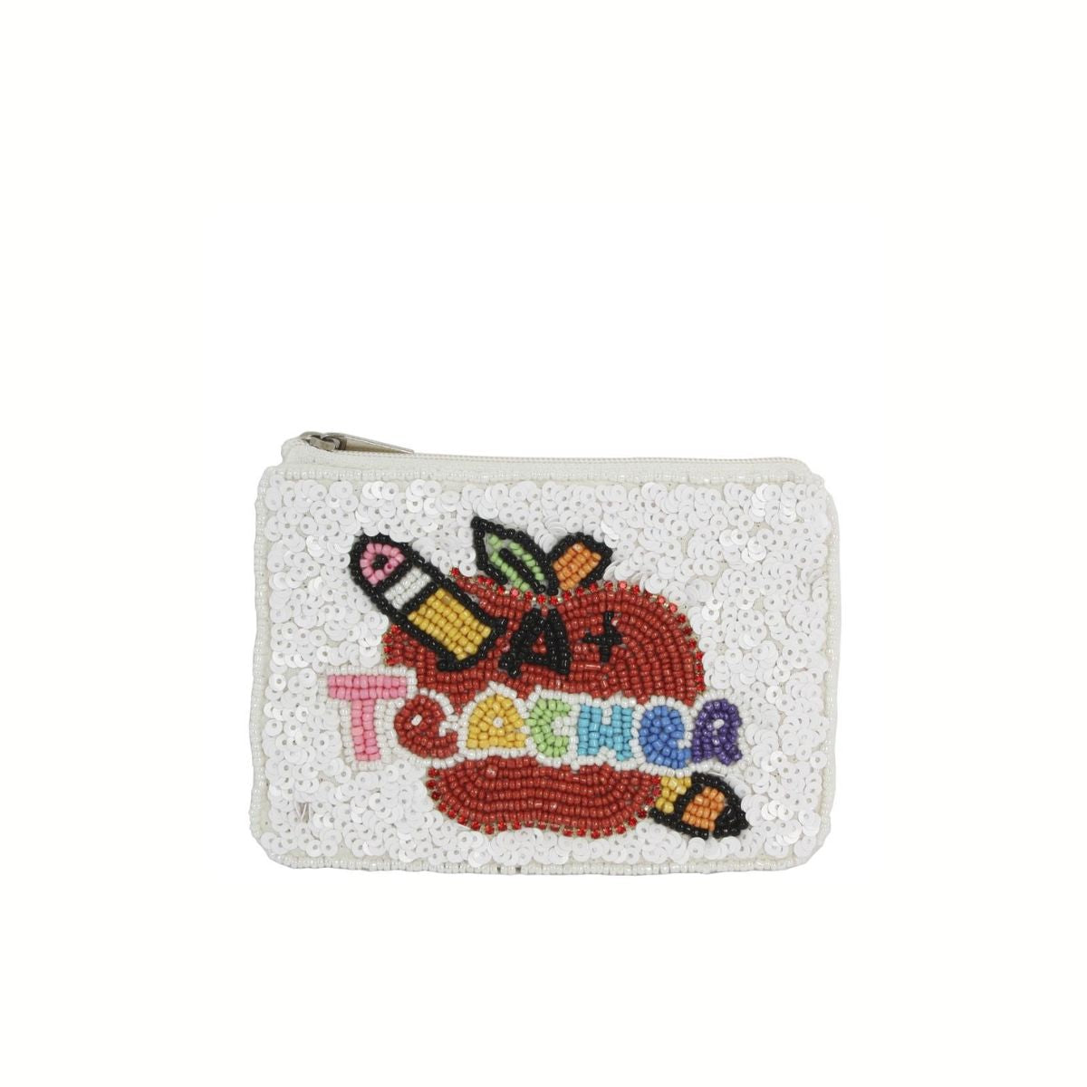 The Wona Trading Seed Bead Accented Mini Pouch Bag Assorted is a small white beaded pouch with sequins, featuring an apple, pencils, and colorful "Teacher" lettering—ideal as a coin pouch or thoughtful gift for teachers and fashion lovers.