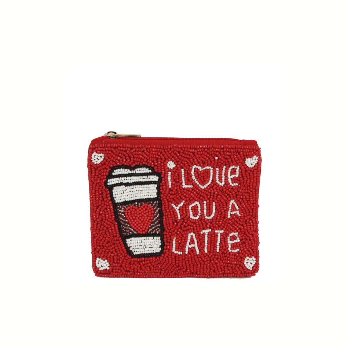 The Seed Bead Accented Mini Pouch Bag Assorted by Wona Trading is a small red pouch featuring a coffee cup, "I LOVE YOU A LATTE" text, heart designs—an adorable coin purse and perfect gift for fashion lovers.