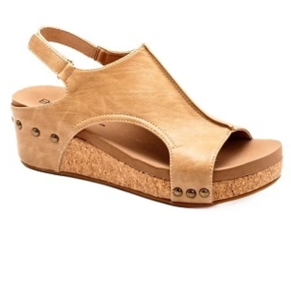 The Volta II Wedge in Caramel Smooth by CORKY'S FOOTWEAR INC is a stylish tan-colored sandal featuring a cork platform, open toe, and slingback strap. Crafted from vegan leather, it includes metal studs along the sides for added style and comfort.