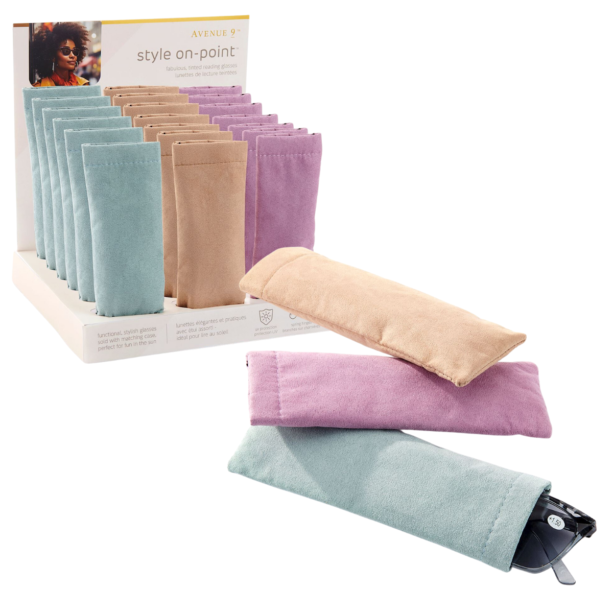 A display of soft pastel-colored Women's Sun Reader w/Pouch eyeglass cases in light blue, tan, and pink is shown, with three cases positioned in front containing sunglasses. The stand is labeled "GIFTCRAFT - style on-point" and highlights the added benefit of UV protection.