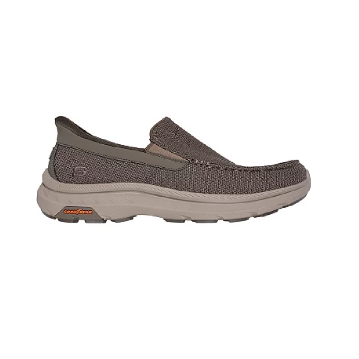 Wilfred Men's Skechers Slip Ins by SKECHERS USA INC feature a brown textured fabric upper, thick cushioned sole, Air-Cooled Memory Foam comfort, and a durable Goodyear Rubber Outsole with visible Goodyear logo.