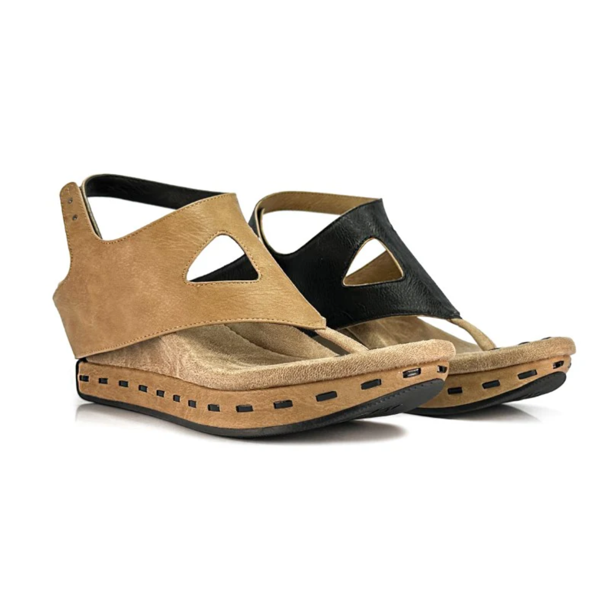 The Venitia #1 Black to Tan Reversible Wedge Sandals by MODZORI feature cut-out designs, adjustable straps, perforated sides, and sturdy mid-wedge soles.