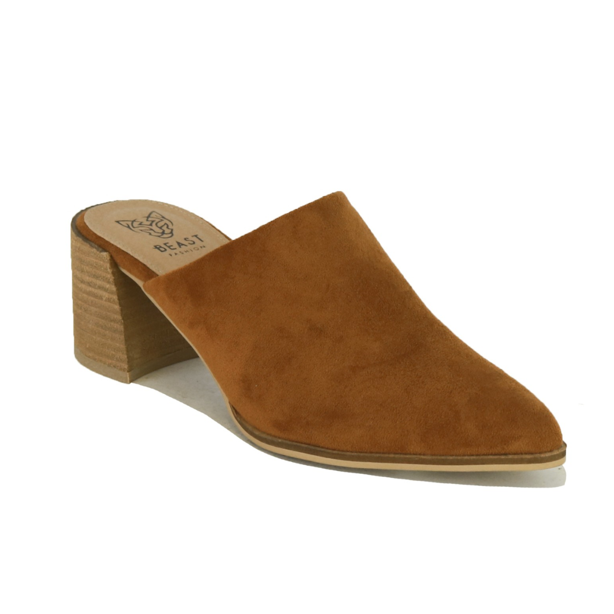 Camel mule heels from FASHION GO with a chunky wooden block heel, faux suede finish, closed pointed toe, and easy slip-on style.