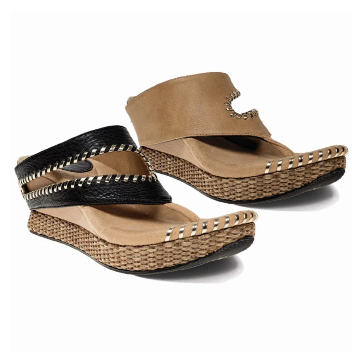 The Tita #2 Reversible Wedge by MODZORI is a stylish pair of wedge sandals in beige and black, featuring a thong style with decorative stitching and a flat sole.