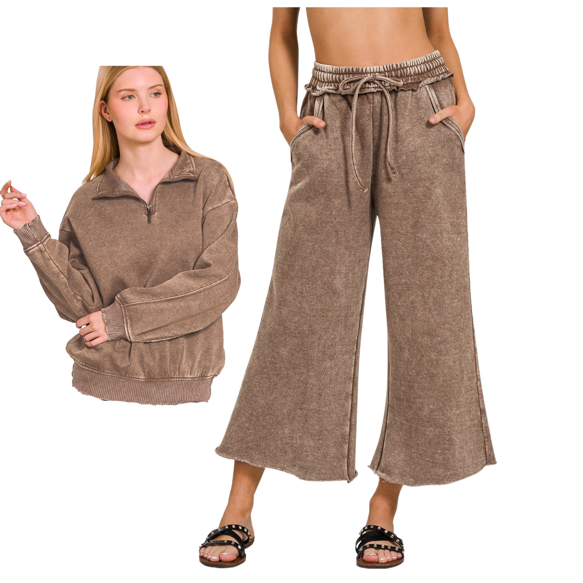 A woman models the Zenana Acid Washed Fleece Palazzo Sweatpant Set, featuring a brown quarter-zip pullover and wide-leg drawstring pants, styled with black sandals.