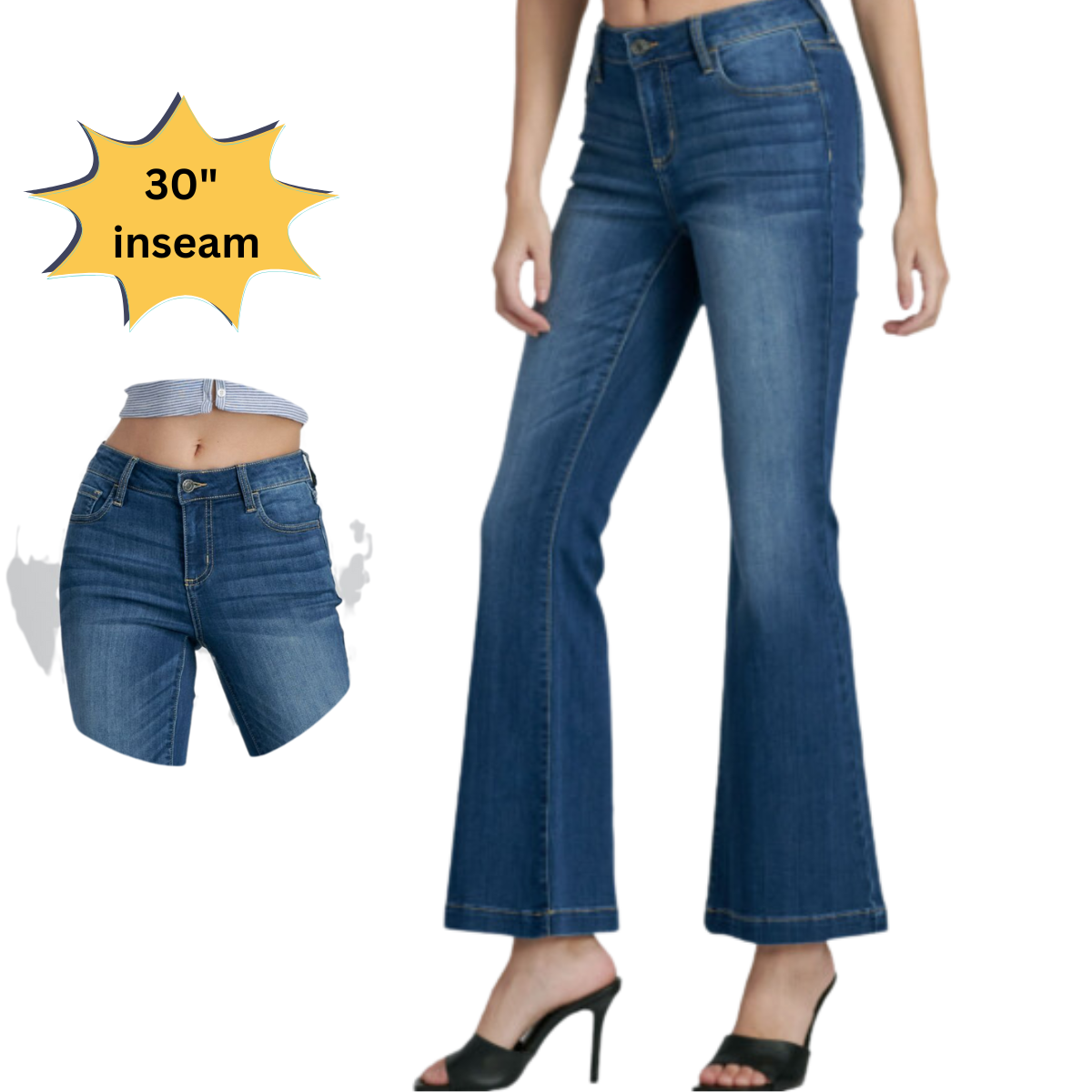 A woman is styled in Cello Jeans - Mid Rise Flare Petite from cello, dark denim vintage flare jeans with a 30-inch inseam, perfectly complemented by black high heels.