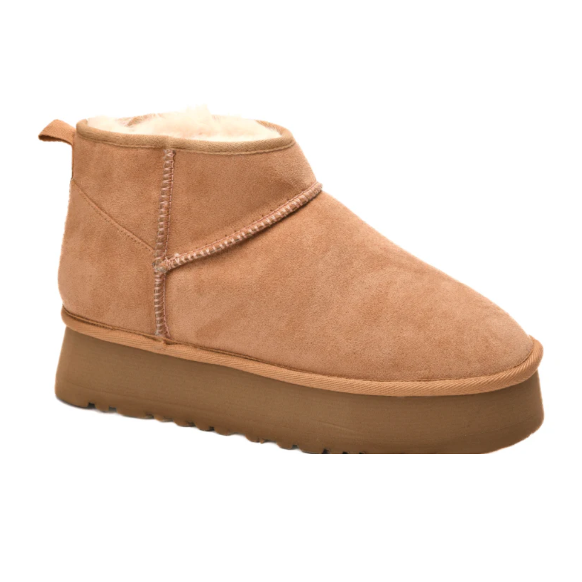 CORKY'S FOOTWEAR INC Corkys "Room Service" Platform Booties in camel faux suede feature a thick platform sole, visible stitching, heel pull tab, and a cushioned comfort footbed with plush lining.
