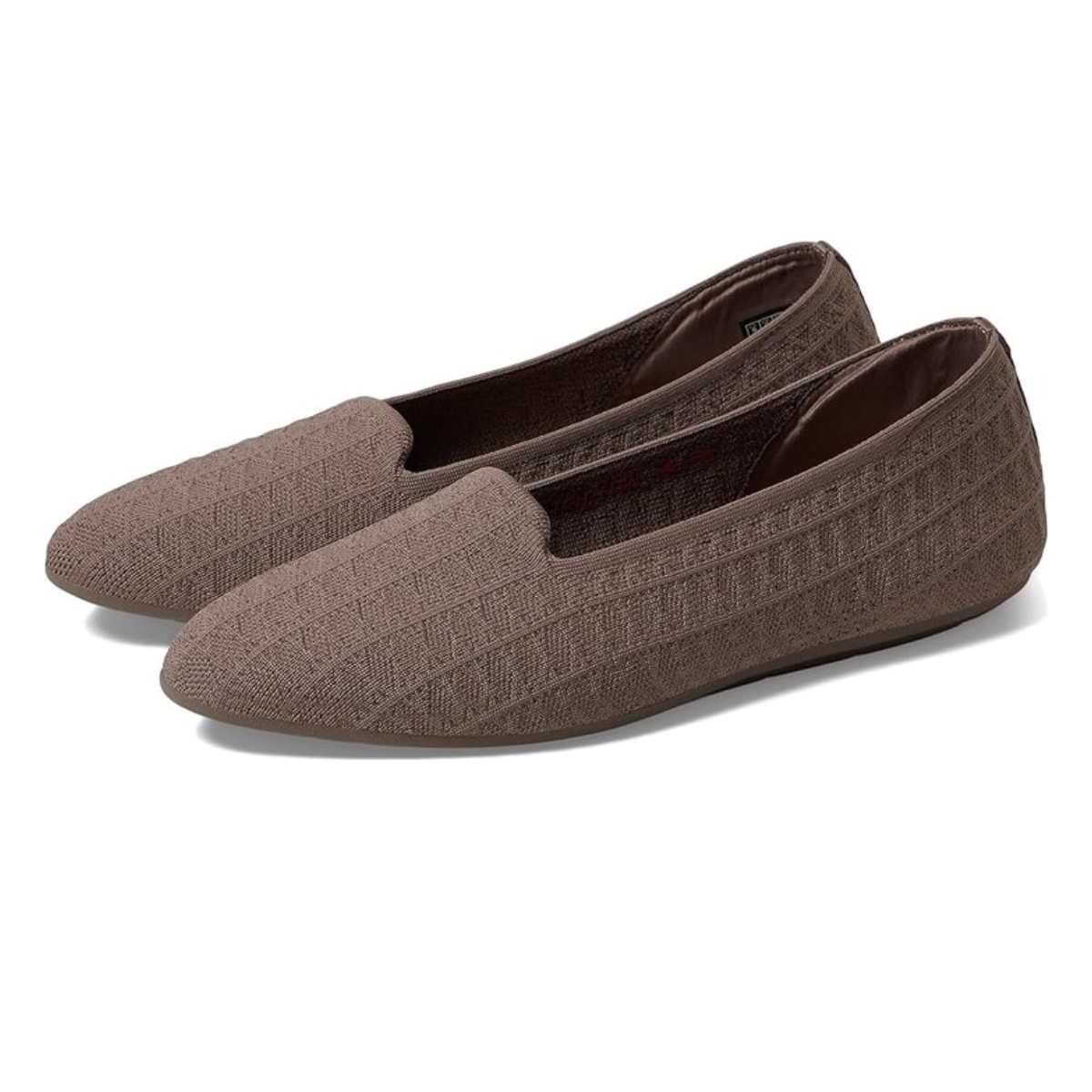 A pair of taupe, textured slip-on women's flats with a low profile and closed toes, featuring the LOOK AT YOU Ballet Flat by SKECHERS USA INC and Air-cooled Memory Foam for all-day comfort.