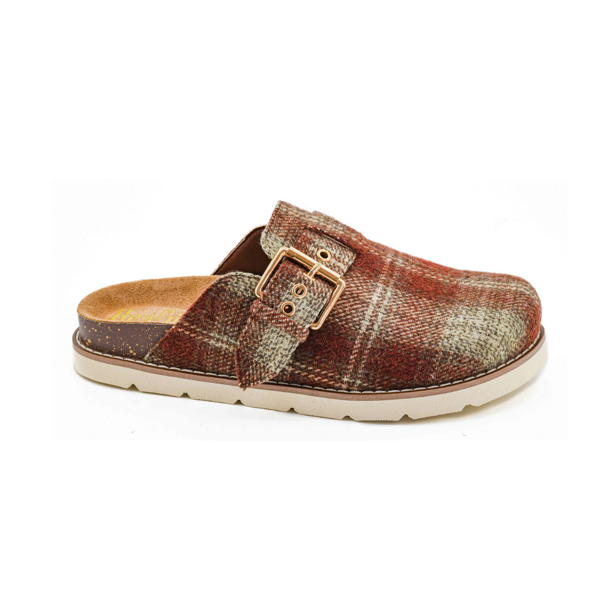 The Day Dream Rust Plaid Clog by CORKY'S FOOTWEAR INC features a cozy red and brown rust plaid slip-on design, gold buckle detail, cork footbed, and a white rubber sole.