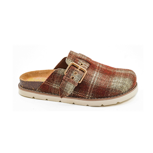 The Day Dream Rust Plaid Clog by CORKY'S FOOTWEAR INC features a cozy red and brown rust plaid slip-on design, gold buckle detail, cork footbed, and a white rubber sole.