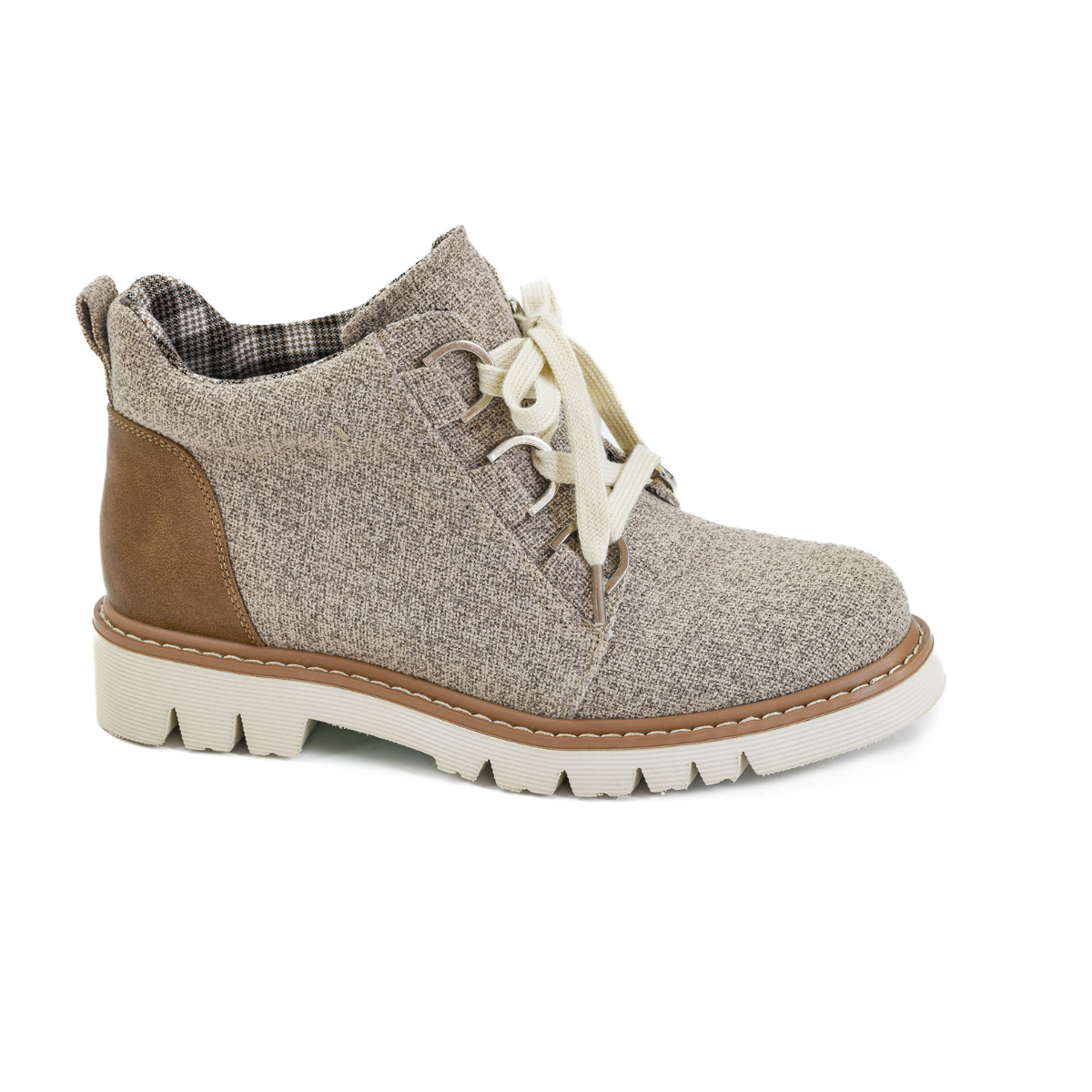 The Campfire Boot in Sand by CORKY'S FOOTWEAR INC features a textured fabric upper, brown heel accent, white sole, and cozy lining with plaid detail, shown against a white background.