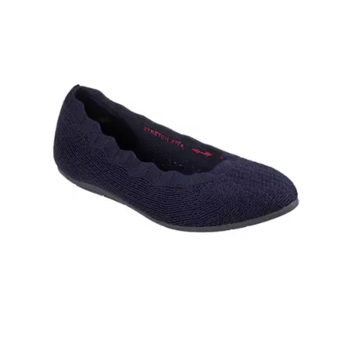 The SKECHERS LOVESPELL NAVY by SKECHERS USA INC is a single flat shoe crafted from knit fabric in navy blue and features a black rubber sole.