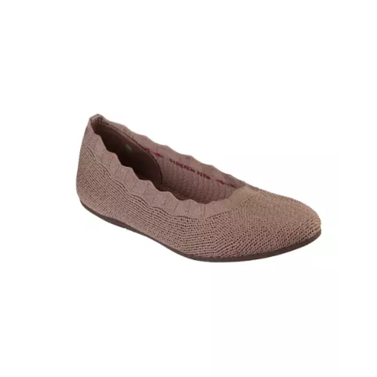 The SKECHERS LOVESPELL MOCHA, a knitted ballet flat shoe in brown with a scalloped edge, is shown against a plain white background.