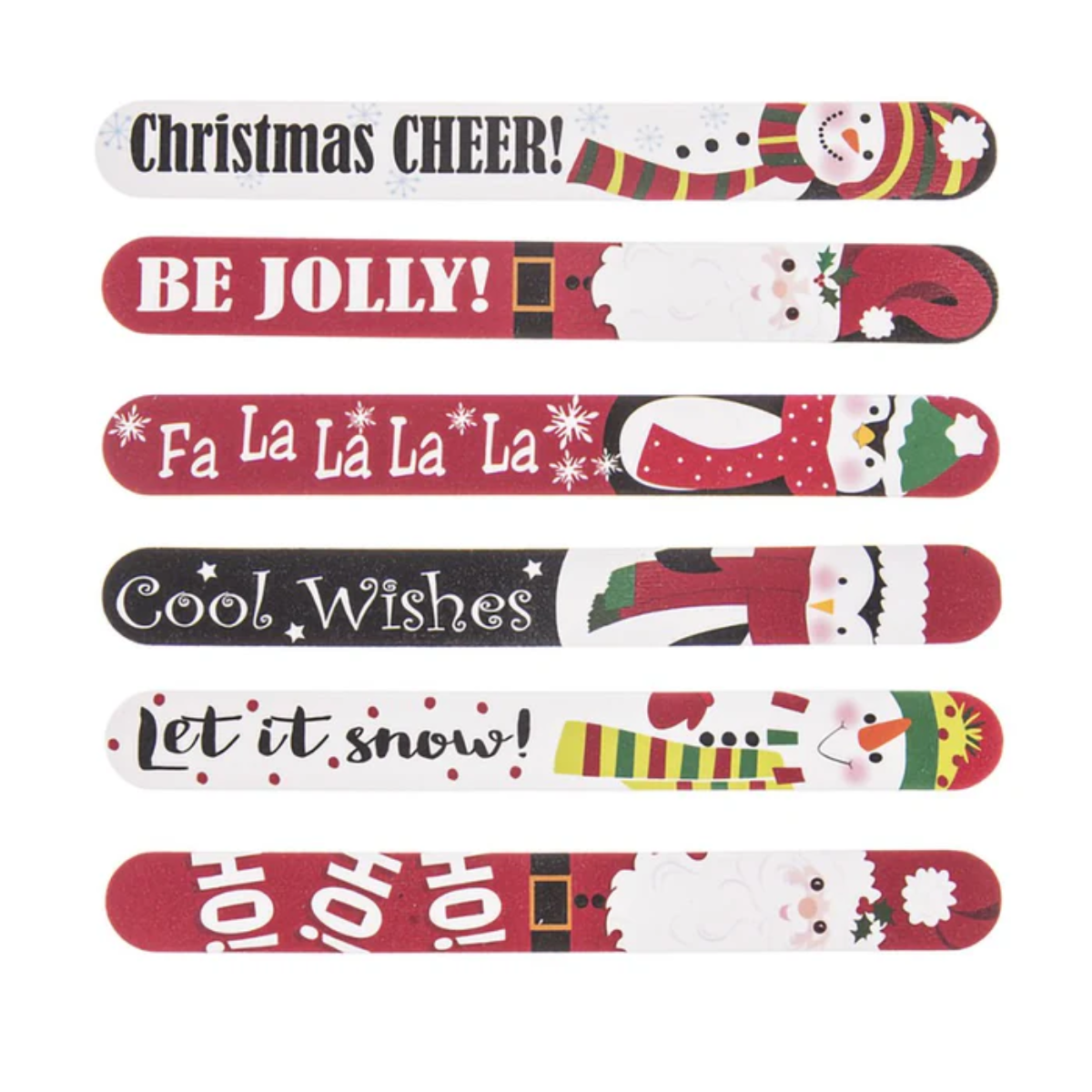 The Holiday Nail Files Assorted by Ganz, produced by Ganz Inc, offer five festive nail files featuring cheerful designs and text such as "Christmas CHEER!", "BE JOLLY!", "Fa La La La La", "Cool Wishes", and "let it snow!"โperfect for all your manicuring needs.