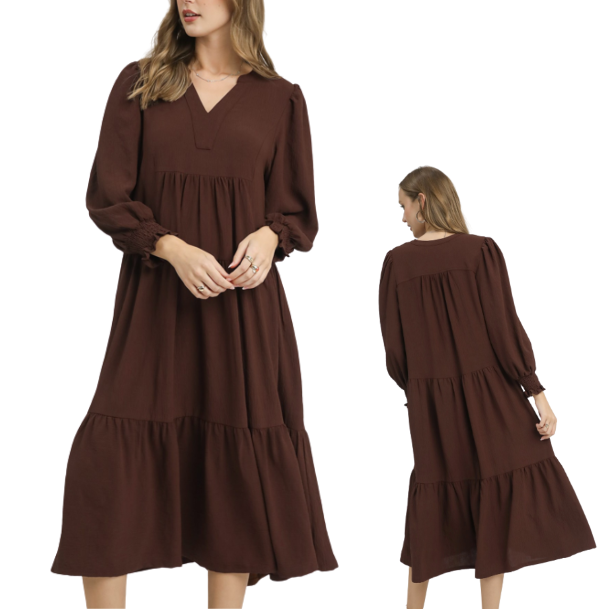 A woman models the Umgee Tiered Midi Dress with Smocked Cuffs, featuring long sleeves and a split V-neck, shown from front and back against a white background.