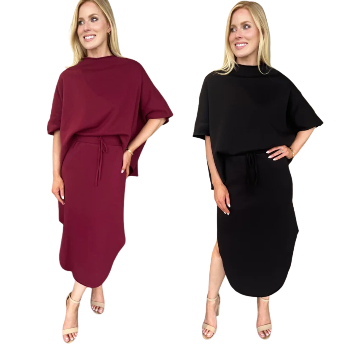 Two women stand against a white background wearing Carol Christian Mock Neck Terry Skirt Sets—one in burgundy, one in black—with pencil skirts, short-sleeve tops, and drawstring waists.