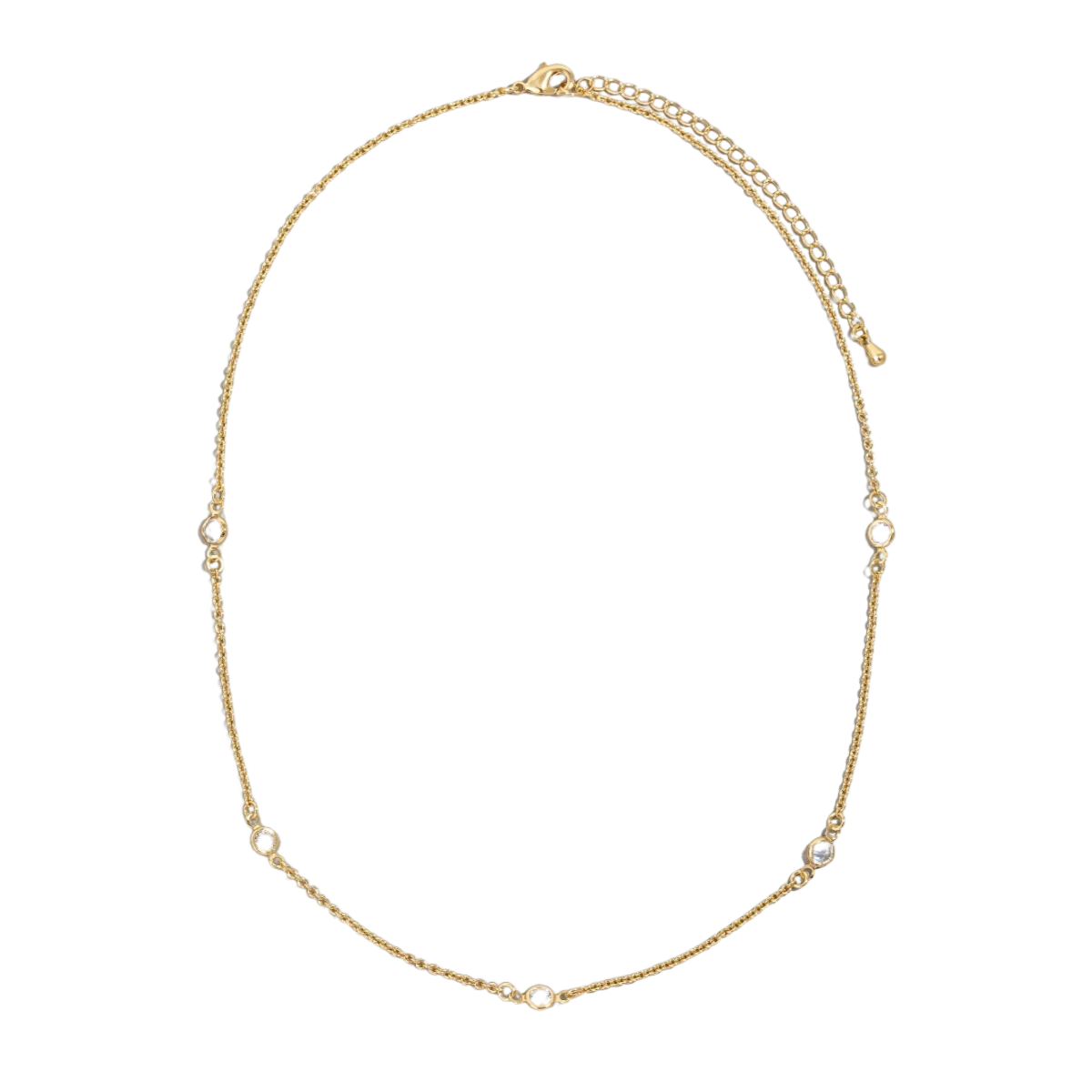 The FASHION GO Gold Dipped Station Chain Necklace boasts a delicate chain adorned with small circular accents and an adjustable clasp, enhanced with shimmering cubic zirconia for a touch of elegance.