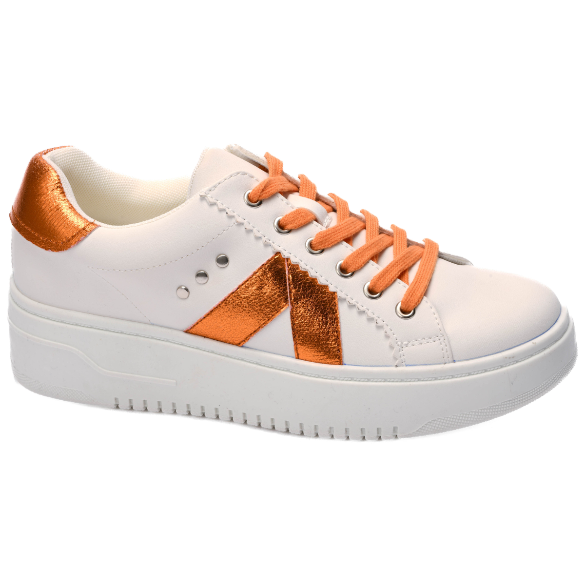 The Tailgate Sneaker in Orange Metallic by Corkys from CORKY'S FOOTWEAR INC features white platform sneakers with a metallic orange accent, orange laces, and a plush memory foam footbed for ultimate comfort. Ideal for sports fans looking to combine style and support in every step.