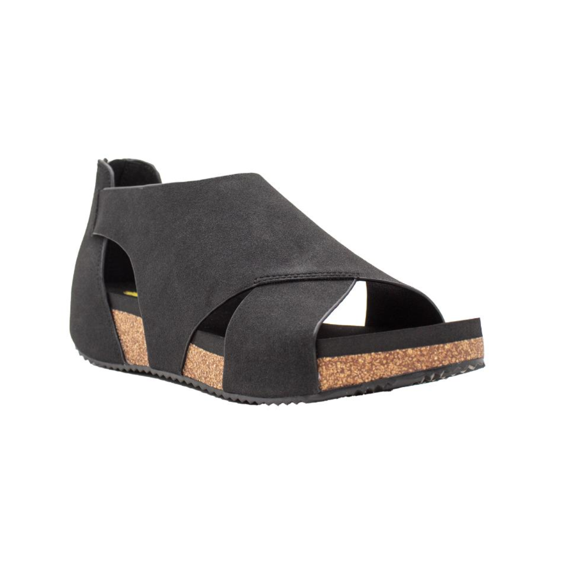 Introducing the Barstow Faux Suede Sandal With Cutout Black by Volatile - Rosenthal & Rosenthal: a black, open-toe silhouette featuring a thick cork sole, cut-out design, and adjustable back strapโperfect for effortless summer style.