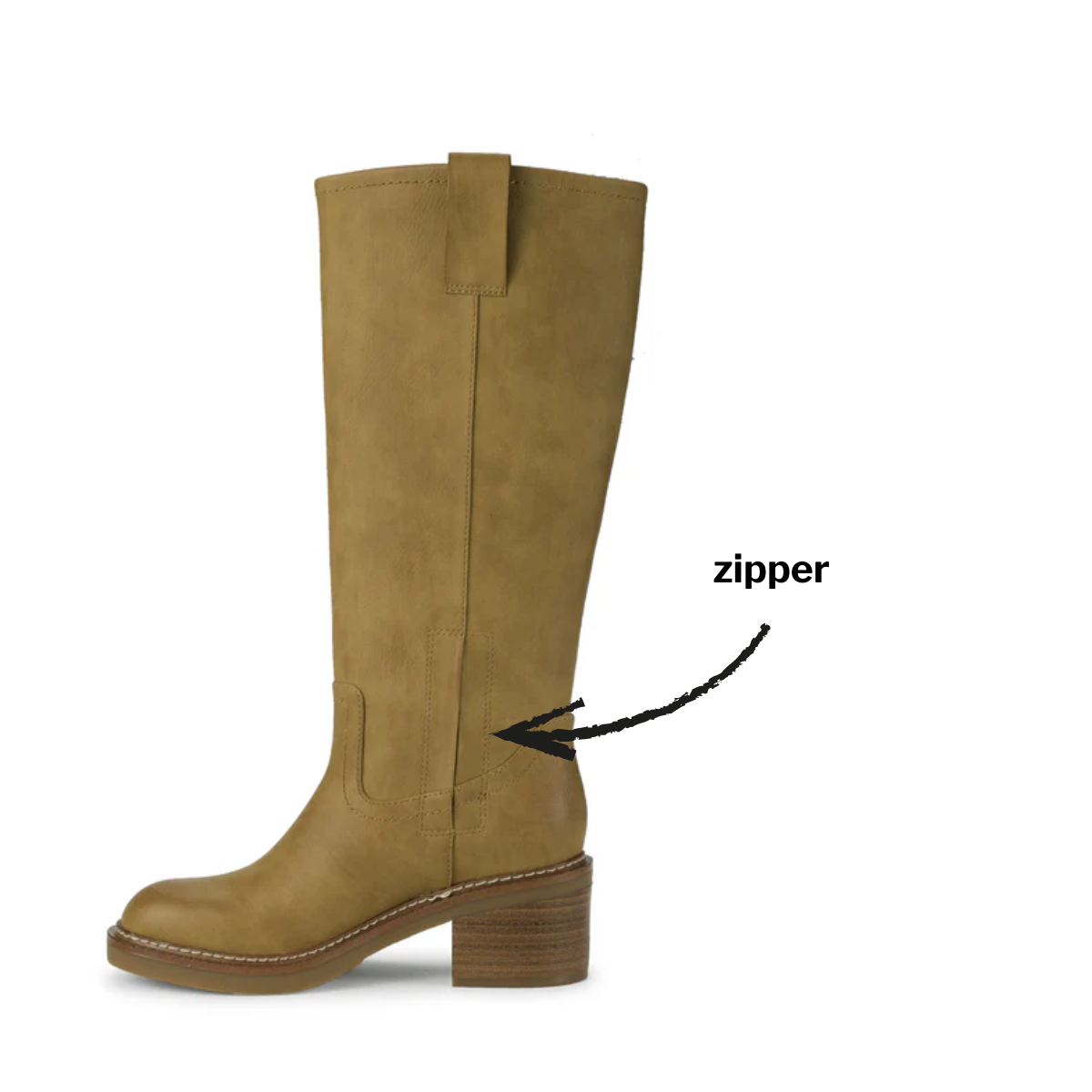 The Selkie Boot by Baretraps in Whiskey is a tan knee-high boot with a vegan upper, block heel, and side zipper.