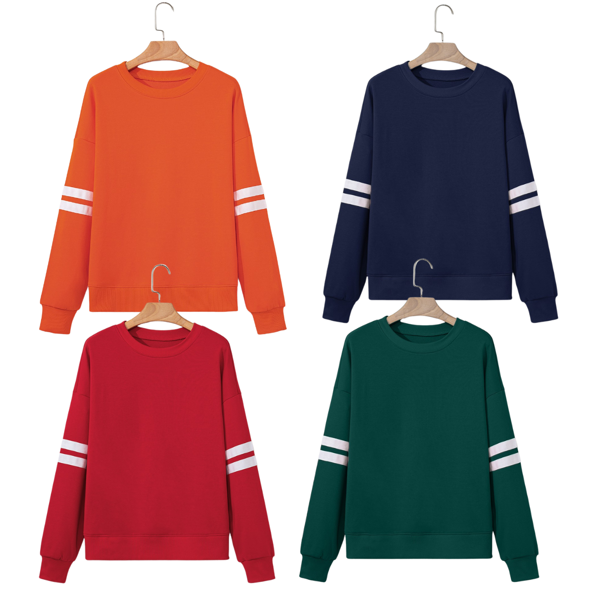 Four FASHION GO Varsity Striped Drop Shoulder Sweatshirts in orange, navy blue, red, and green are displayed on wooden hangers against a white background.