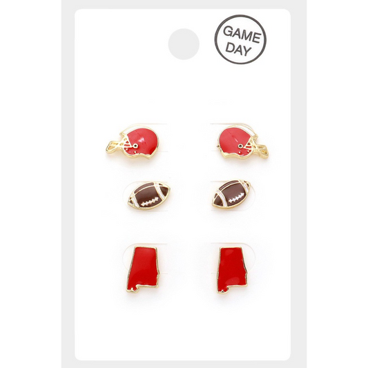 Introducing the "Game Day Stud Earrings - Red and White" by Wona Trading. This delightful set includes six football-themed stud earrings, displayed on a white card labeled "Game Day." The designs feature football helmets, footballs, and red state maps. These small earrings are perfect for showcasing your team spirit!