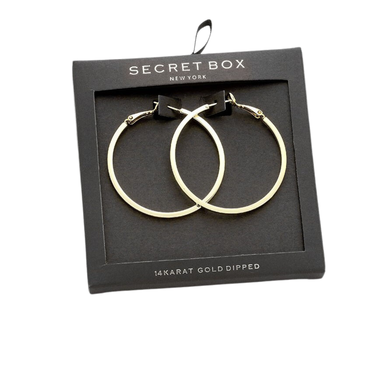 A pair of Secret Box Gold Dipped 1 3/4" Hoops by Wona Trading is displayed in a black "Secret Box New York" packaging.