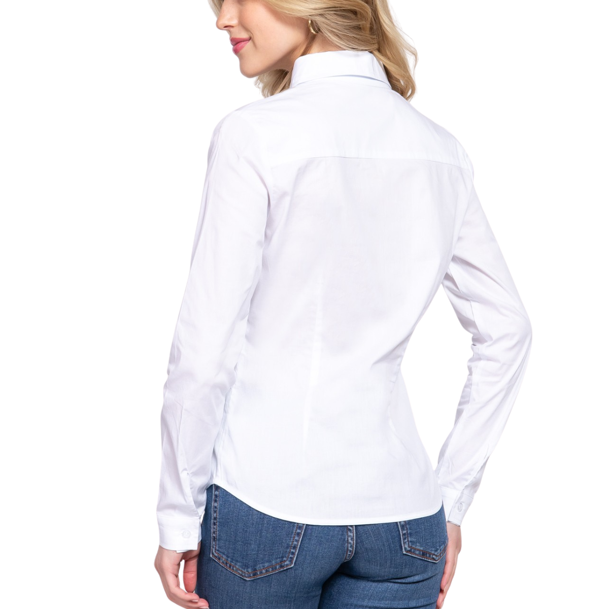 A woman is shown from the back wearing the FASHION GO Long Sleeve Button Down Stretch Poplin Shirt with blue jeans against a white background.